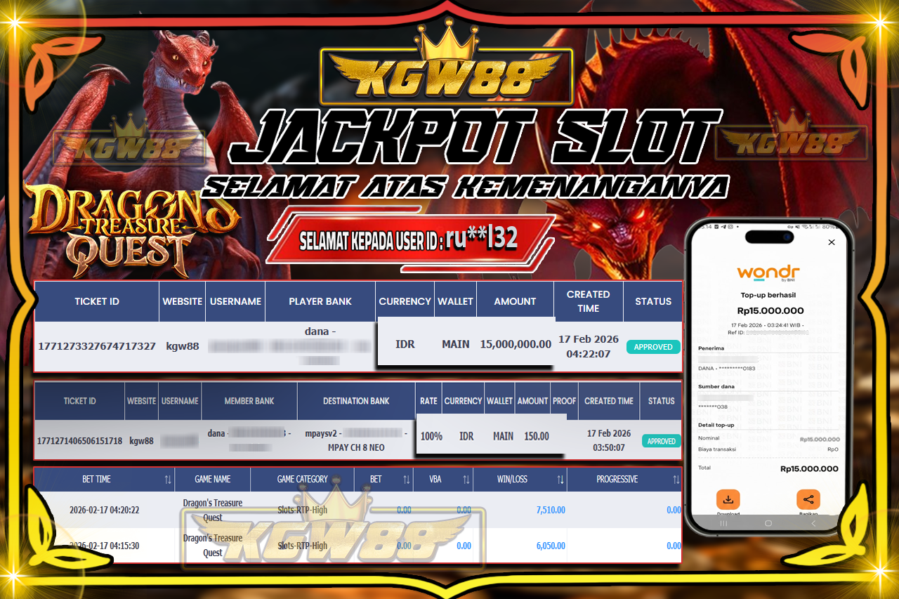 KGW88 JACKPOT Dragon's Treasure Quest  Rp 15.000.000,- LUNAS